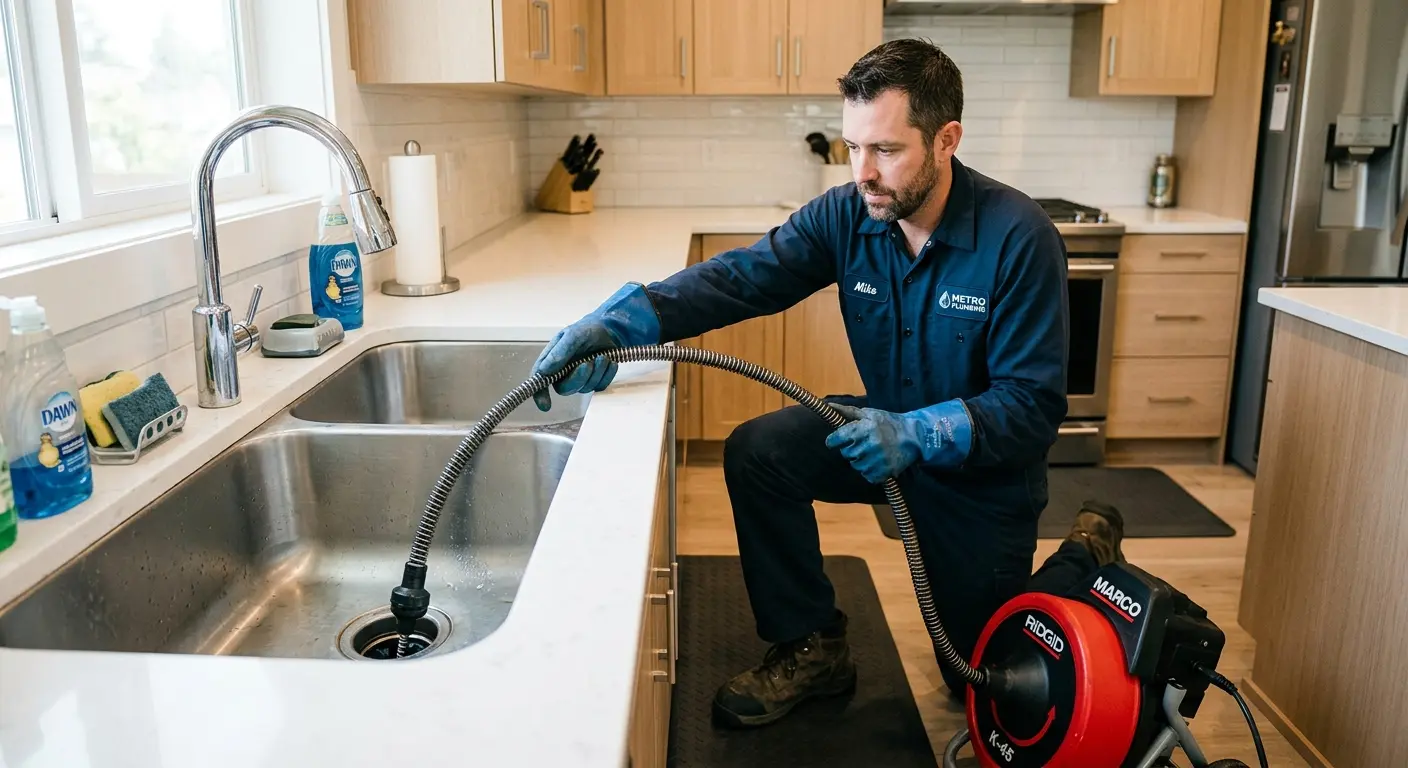 Drain cleaning technician using a motorized snake on a kitchen sink in Clemson University